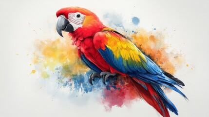 Obraz premium A Vivid Scarlet Macaw in a Watercolor Burst: A Captivating Artistic Depiction of Tropical Avian Beauty