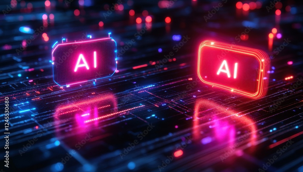 Poster futuristic digital concept of artificial intelligence with neon lights and circuitry background for 