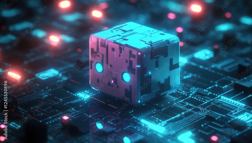 Poster futuristic digital cube surrounded by glowing circuit patterns and neon lights in an abstract techno