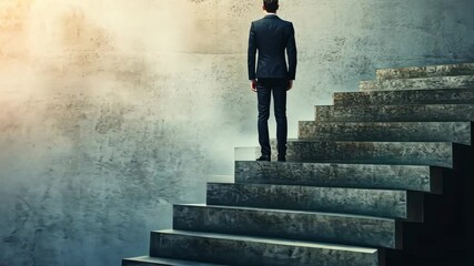 Determined businessman ascending concrete steps towards ambitious goals