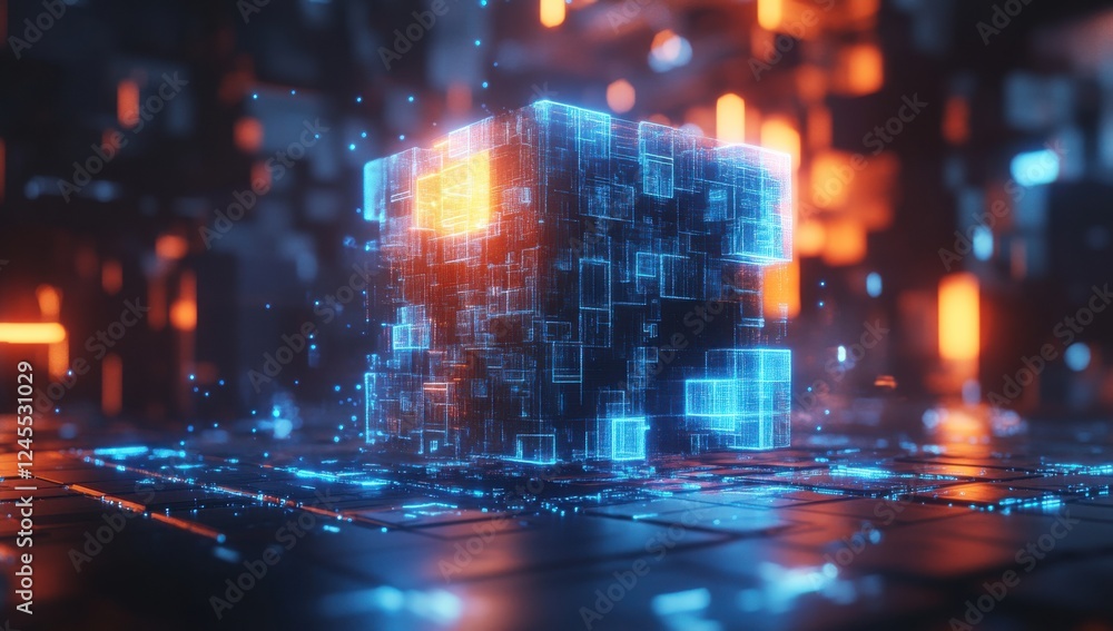 Aufkleber futuristic digital cube surrounded by glowing particles and neon lights in a tech-inspired space wit