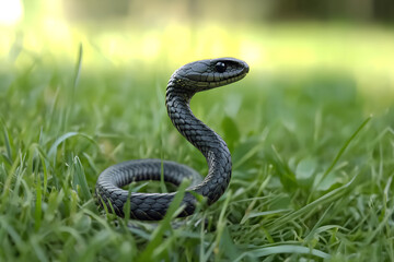 Fototapeta premium Close-up of a cute black snake resting on lush green grass in a garden, showcasing its smooth scales and natural habitat