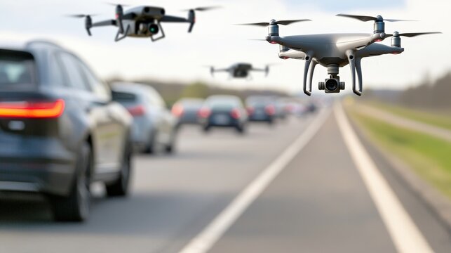 Drone surveillance of traffic flow on urban roads modern cityscape aerial photography daytime high angle view technology impact