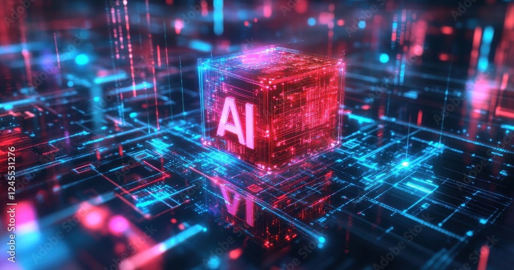 Poster futuristic digital cube with ai concept surrounded by neon data streams and glowing circuit patterns