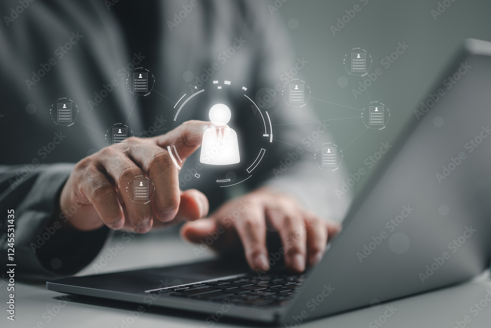 Poster Customer Relationship Management, Businessman use computer with global structure customer network technology, Data exchanges development. customer service, social media. digital marketing online.