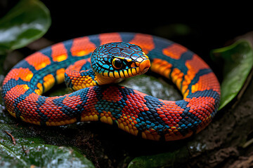 Obraz premium Vibrant snake coiled in the lush rainforest of Costa Rica, showcasing the biodiversity and beauty of Central America's wildlife