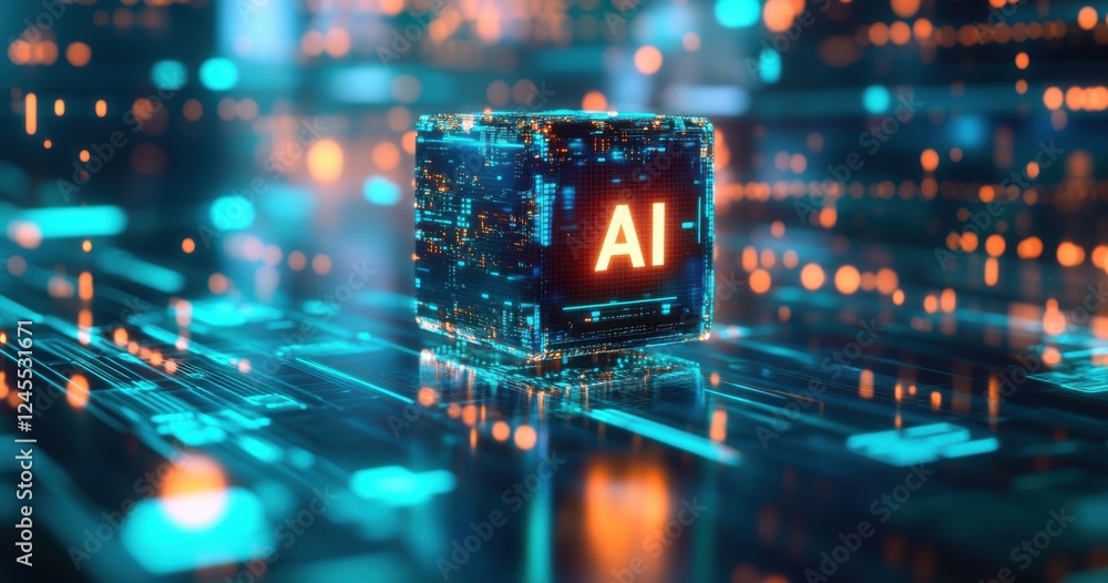 Poster futuristic digital cube with neon lights representing artificial intelligence in a high-tech circuit