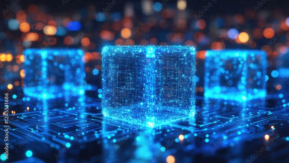 Poster futuristic digital cubes with glowing wireframe in technology landscape representing data processing