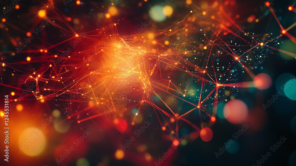 Poster abstract network connections digital art orange red background design technology web glow data lines