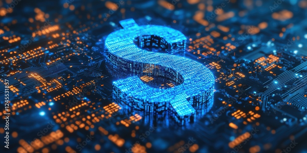 Aufkleber futuristic digital dollar sign glowing in blue surrounded by circuit patterns and data streams for f