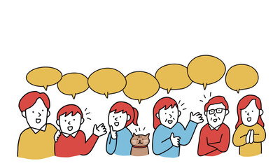 笑顔で会話する猫のいる家族　家族会議のイメージイラスト