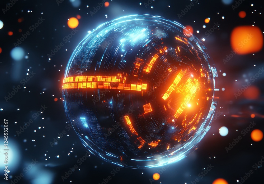 Poster futuristic digital globe with glowing elements and abstract light effects in a cosmic space environm