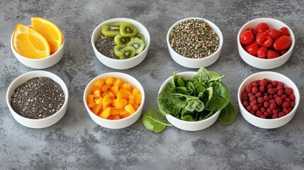 Healthy food clean eating selection: fruit, vegetable, seeds, superfood, cereal, leaf vegetable on gray concrete background