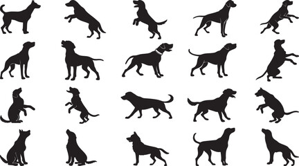 A variant style set of dog silhouette vector. Flat black color dog playing illustration design, dogs symbol isolated on a white background.