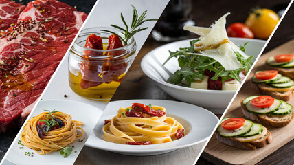  Elegant culinary collage showing gourmet food progression, marinated meat, olive oil with herbs, styled appetizer, fresh tagliatelle pasta, and rustic bruschetta. Natural lighting highlights textu