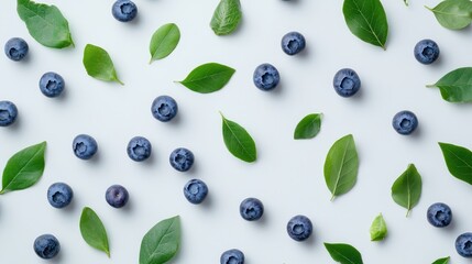 Fresh blueberries with bluberry leaves isolated on white background. Top vew.