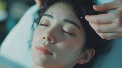 woman receiving cosmetic acupuncture, dark hair, peaceful face, therapeutic session, clean clinical setting, traditional Chinese medicine, gentle hands placing needles, forehead treatment, muted