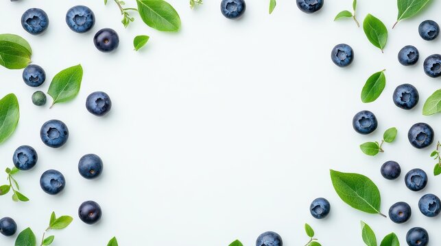 Fresh blueberries with bluberry leaves isolated on white background. Top vew.