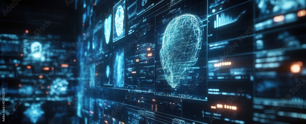 Aufkleber futuristic digital interface displaying human brain patterns and data analytics in a high-tech envir