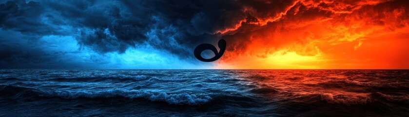 Obraz premium Dramatic ocean sunset, fiery sky, dark clouds, duality concept
