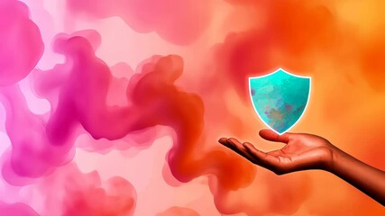 A hand holds a digital shield over a colorful background, representing data protection and cybersecurity. - Powered by Adobe