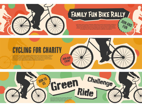 Cycling marathon banners promoting community bike events for charity and family fun rallies with vibrant designs