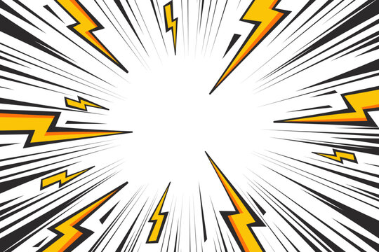 Comic cartoon background with lightning burst effect. Vector manga graphic with thunder power and abstract light effect. Energy explosion frame. Radial perspective monochrome motion lines.