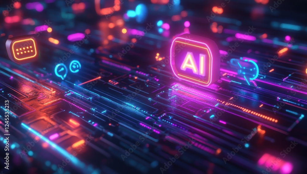 Poster futuristic digital interface with neon icons depicting artificial intelligence and communication tec