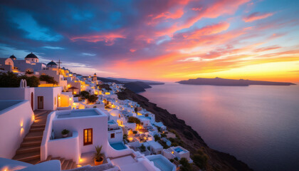 Stunning Santorini Sunset Whitewashed Village Ocean View