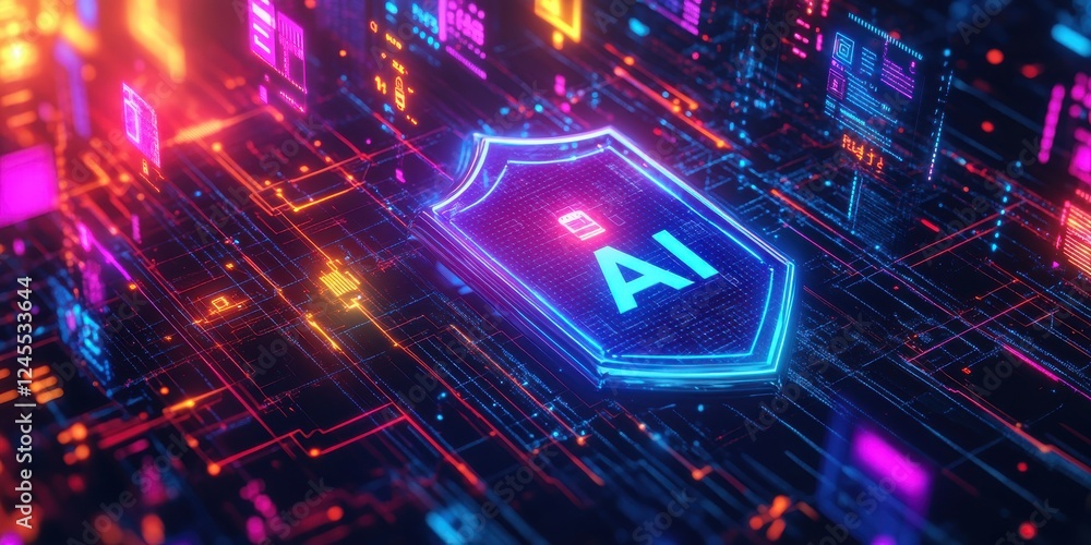 Poster futuristic digital landscape showcasing a vibrant shield symbolizing artificial intelligence technol