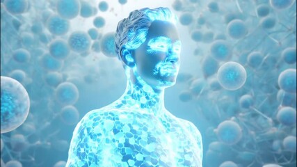 3D Animation of Stem cells floating around middle-aged man; images of regenerative medicine in which Stem cells in body glow and tissues throughout body are repaired and regenerated. Medical Illustrat