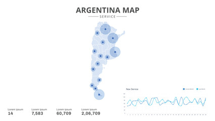 Service centers are highlighted within the of Argentina Infographic map. Business Infographic Map of Argentina. Vector Map of a Argentina map. Easy to edit