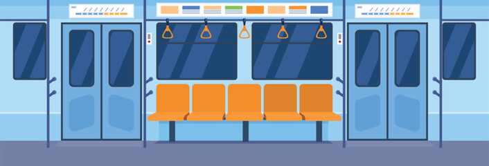 Interior of a subway car with orange seating and modern design elements in an urban transit system