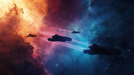 Spacecraft Traveling Through Colorful Cosmic Nebula in Deep Universe