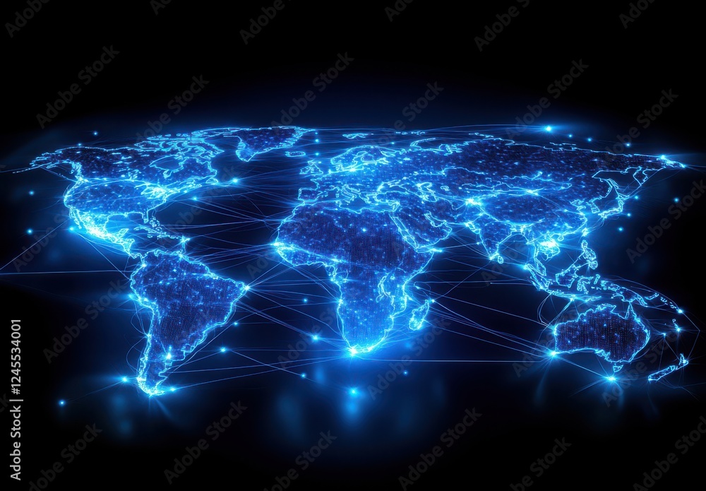 Poster futuristic digital map with connecting lines and glowing points representing global networks and dat