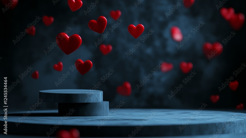 Poster abstract 3d podium with floating hearts in a dark moody environment