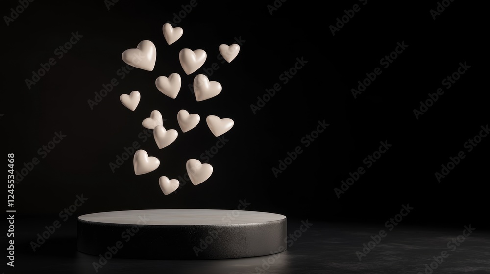 Poster floating glossy hearts on a smooth 3d podium in abstract design