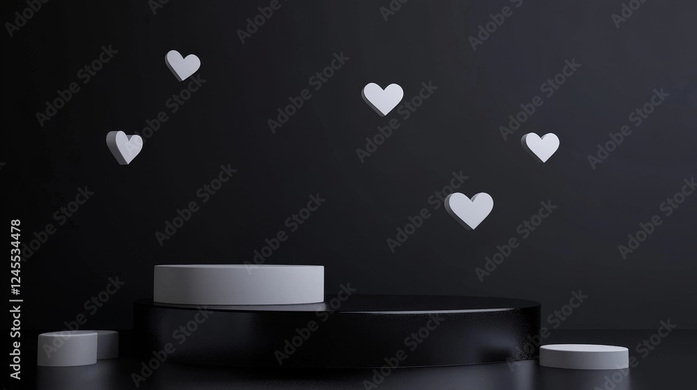 Poster abstract 3d podium with floating hearts in smooth glossy style