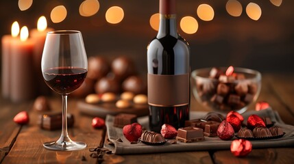 A romantic setting featuring red wine, chocolates, and soft candlelight ambiance.