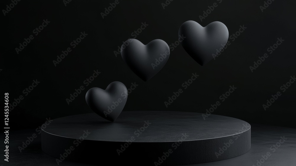 Poster Floating Heart-Shaped Objects on a 3D Podium in Abstract Design