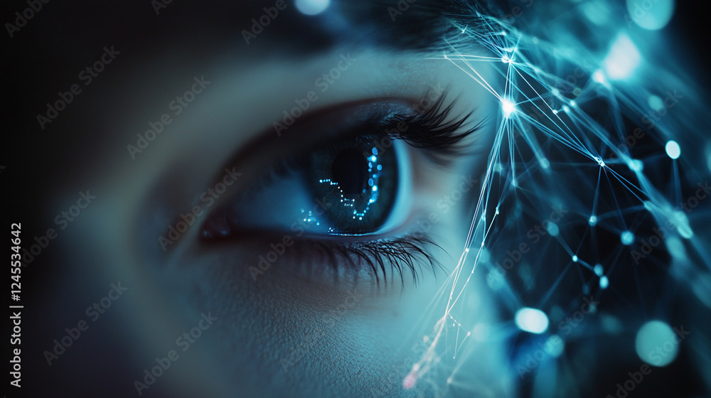 Poster closeup blue eye digital art network connection abstract web data glow macro cyber light lines