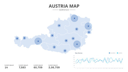 Service centers are highlighted within the of Austria Infographic map. Business Infographic Map of Austria. Vector Map of a Austria map. Easy to edit
