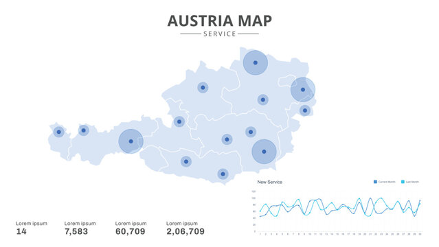 Service centers are highlighted within the of Austria Infographic map. Business Infographic Map of Austria. Vector Map of a Austria map. Easy to edit