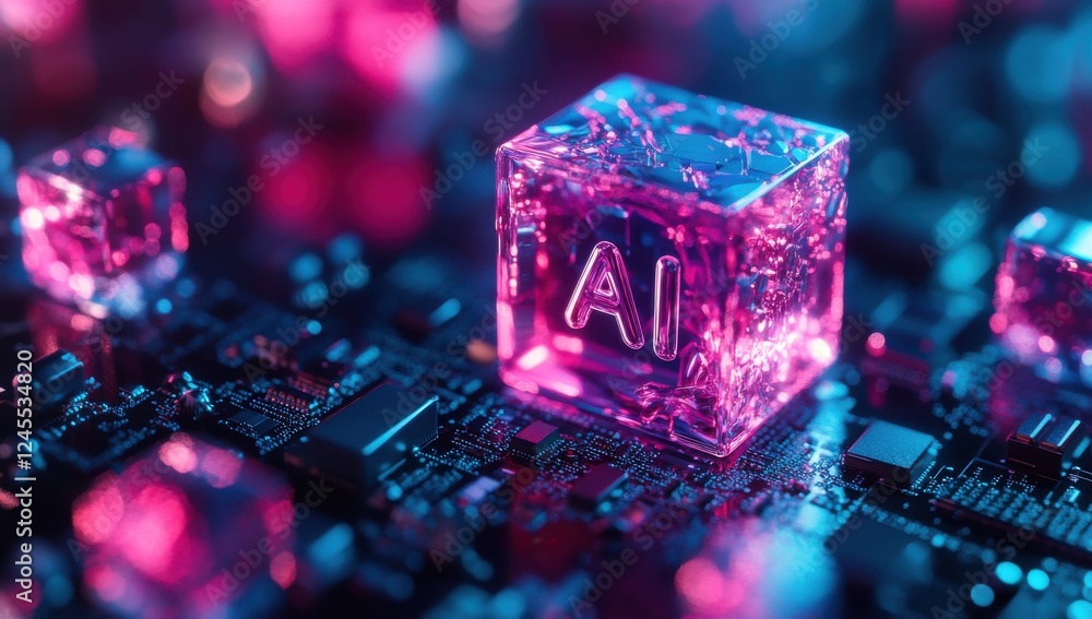 Poster futuristic digital representation of artificial intelligence with neon glow on circuit board backgro