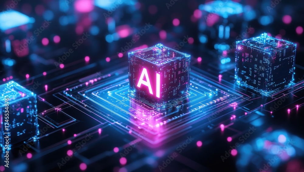 Poster futuristic digital representation of artificial intelligence with glowing cubes on a circuit board i