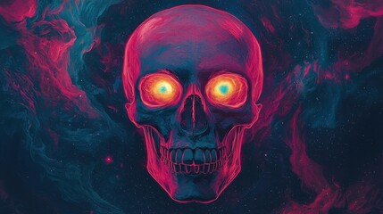 Vibrant Neon Skull with Glowing Eyes in Cosmic Background