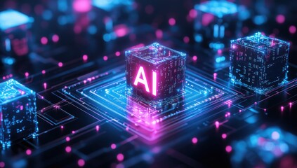 Obraz premium Futuristic Digital Representation of Artificial Intelligence with Glowing Cubes on a Circuit Board in a High-Tech Environment