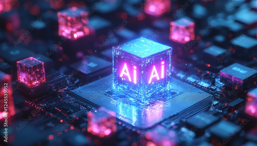 Aufkleber futuristic digital representation of artificial intelligence with neon lights on circuit board displ
