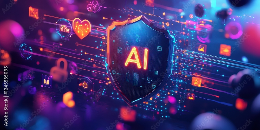 Poster futuristic digital shield symbolizing artificial intelligence protection with colorful icons and dat
