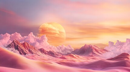 A breathtaking and captivating cosmic landscape featuring a serene alien sunset over a surreal majestic mountain range